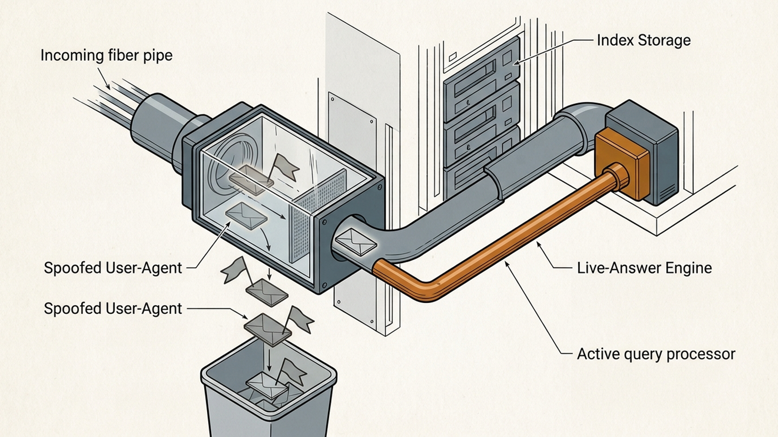 Web server log pipeline separating claimed hits, background crawls, and live-retrieval requests by page