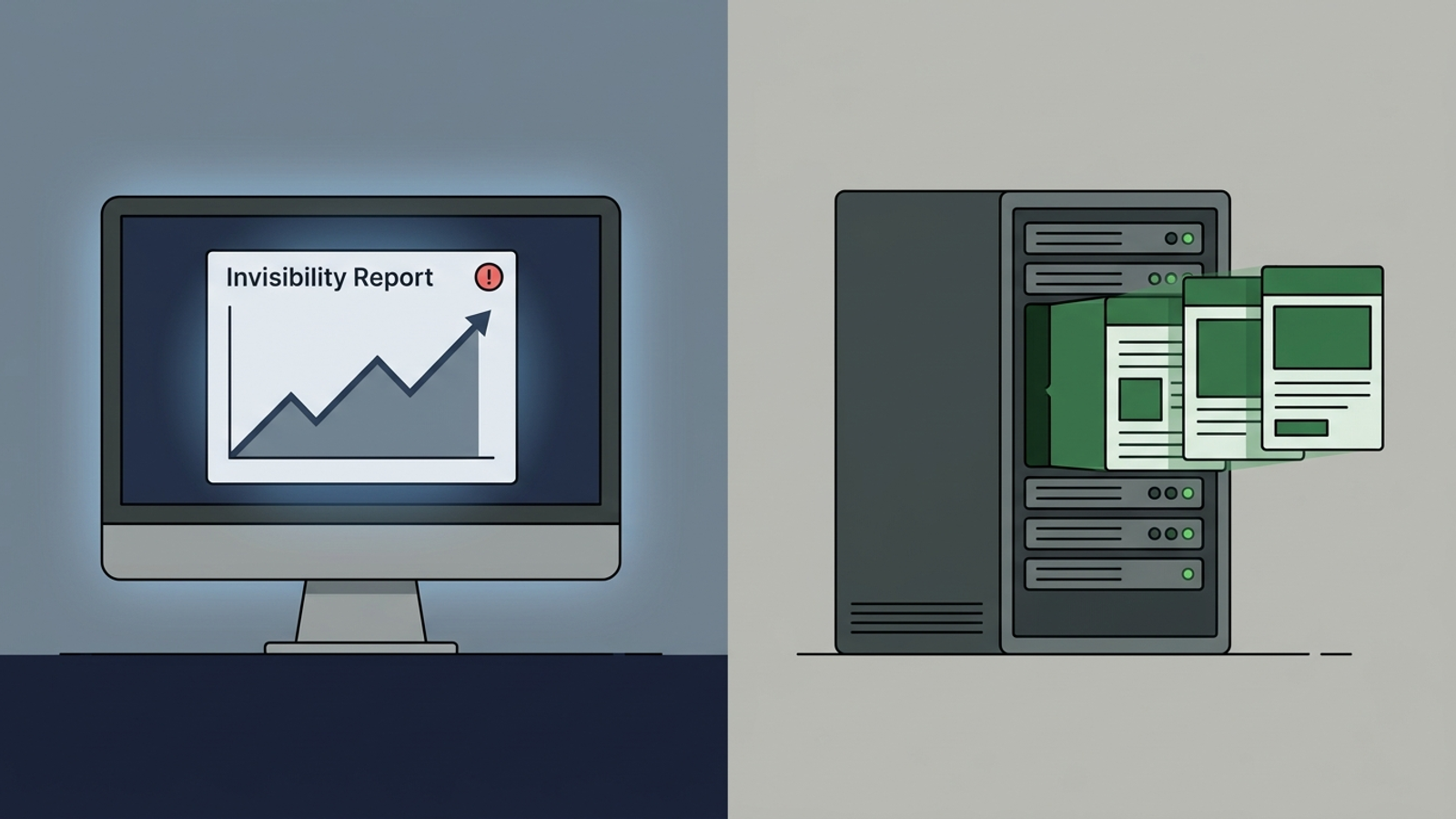 Split illustration of a dashboard showing a 404 warning beside a server deploying code.